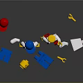 Lego Figures In Blue Red Overalls With Scattered Building Blocks And Parts
