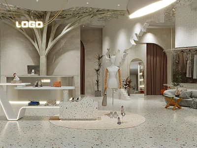 Modern Clothing Store Interior Design Featuring Decorative Tree Structure Mannequin Reception Desk And Staircase 3d model