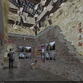 Historical Themed Interior With Red Flag Brick Walls Wooden Structure And Wall Posters