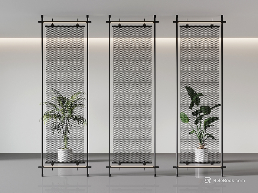 Modern Woven Screen with Black Metal Frame and Green Plants in Interior Space 3d model 