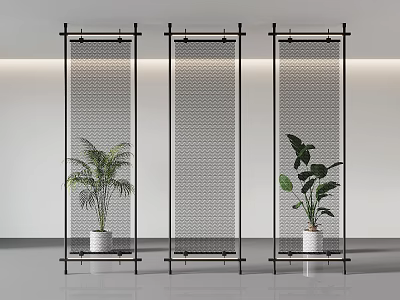 Modern Woven Screen with Black Metal Frame and Green Plants in Interior Space 3d model