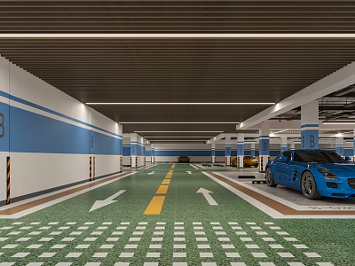 Modern Garage Interior With Blue Walls Green Flooring Yellow Lines And Blue Sports Car 3d model