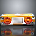 Vintage Style Electronic Radio With Orange Yellow Exterior Two Circular Speakers And Central Display Screen