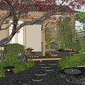 Serene Courtyard Garden Featuring Red Leaf Tree Stone Lantern Stepping Path And Lush Green Plants