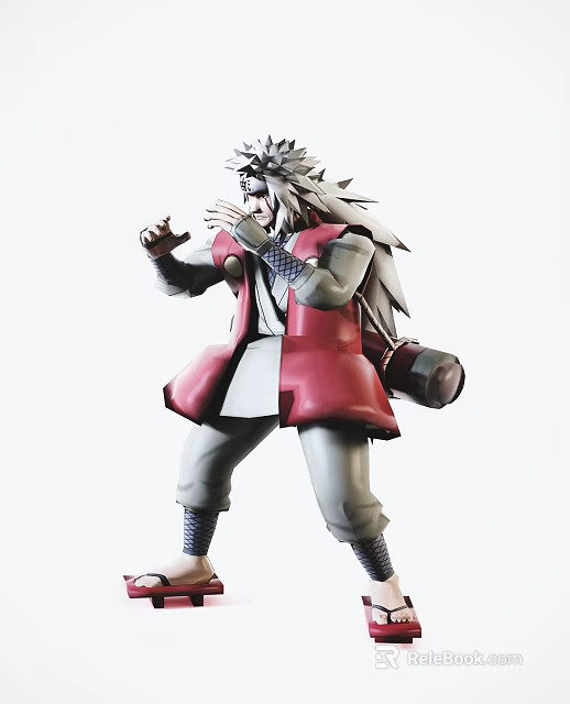 White Haired Anime Game Character In Red Coat With Scroll Battle Stance 3d model 