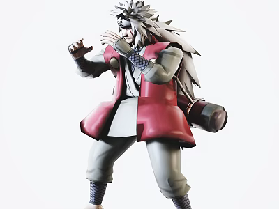 White Haired Anime Game Character In Red Coat With Scroll Battle Stance 3d model