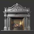 Ornate Silver Decorative Fireplace Interior With Carved Design And Burning Logs 3d model