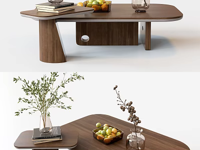 Wooden Oval Coffee Table With Fruit Bowl Fresh Fruits Vases And Books 3d model