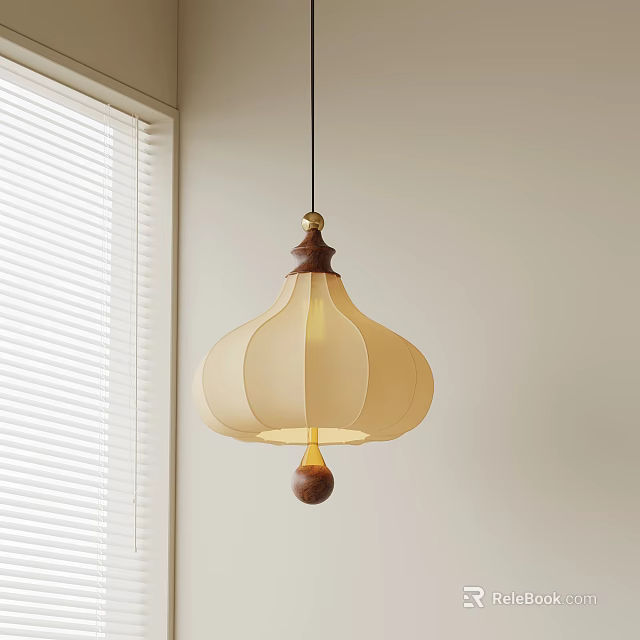 Minimalist Beige Fabric Pendant Light With Wooden Accent And White Window Blinds Interior 3d model 