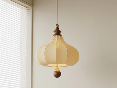 Minimalist Beige Fabric Pendant Light With Wooden Accent And White Window Blinds Interior 3d model