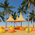 Yellow And Orange Bean Bags Under Palm Trees On Sand With Conical Canopies