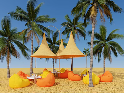 Yellow And Orange Bean Bags Under Palm Trees On Sand With Conical Canopies 3d model