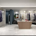 Clothing Store Interior With Clothes On Gold Racks Wooden Display Counter And Marble Floor