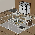 Modern Minimalist Transparent Glass Coffee Table With Books Stationery Tray And Wooden Drawer Cabinet