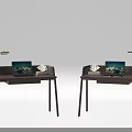 Modern Wooden Desk Setup With Laptop Table Lamp And Decorative Items