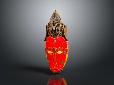 Red And Gold Ornate Decorative Mask With Feathered Top For Home Decor 3d model