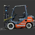 Orange And Blue Industrial Forklift With Front Loader And Metal Forks