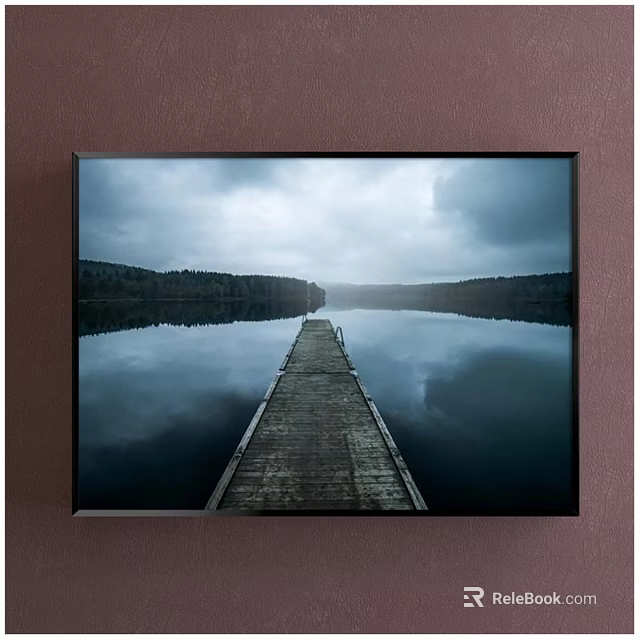 Tranquil Landscape Painting With Calm Lake Wooden Dock Cloudy Sky And Forest Reflection 3d model 