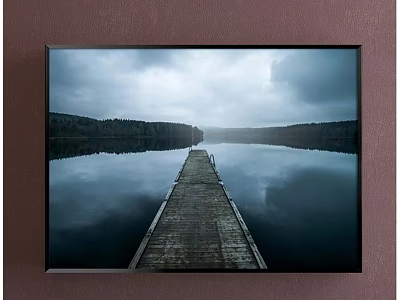 Tranquil Landscape Painting With Calm Lake Wooden Dock Cloudy Sky And Forest Reflection 3d model