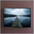 Tranquil Landscape Painting With Calm Lake Wooden Dock Cloudy Sky And Forest Reflection