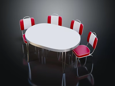 Oval Outdoor Table With White Tabletop Metal Frame And Four Red White Chairs 3d model