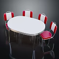 Oval Outdoor Table With White Tabletop Metal Frame And Four Red White Chairs