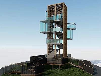 Road Infrastructure Design With Multi Level Staircases Ramps Glass Railings Wooden Frames Grass Terrain 3d model