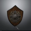 Medieval Wooden Shield With Intricate Metal Decorations And Central Circular Design