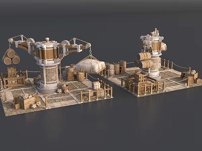 Mechanical Industrial Equipment in Industrial Facility with Wooden Barrels Crates Ropes and Platforms 3d model