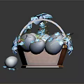 Easter Basket With Painted Eggs Blue Bow And Small Flowers On Checkered Cloth 3d model