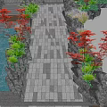 Landscape Bridge With Paved Pathway Red Trees Green Plants And Stone Decorations 3d model