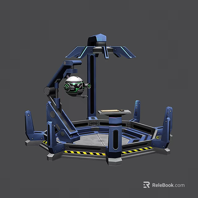 Cartoon Scene Of Futuristic Blue Mechanical Structure With Spherical Robot Green Eyes And Warning Stripes 3d model 