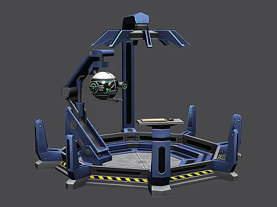 Cartoon Scene Of Futuristic Blue Mechanical Structure With Spherical Robot Green Eyes And Warning Stripes 3d model