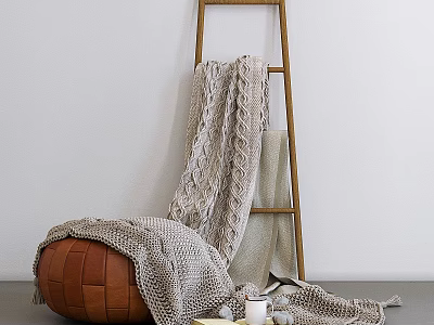 Cozy Home Decor With Knitted Blanket Wooden Ladder And Leather Bean Bag 3d model