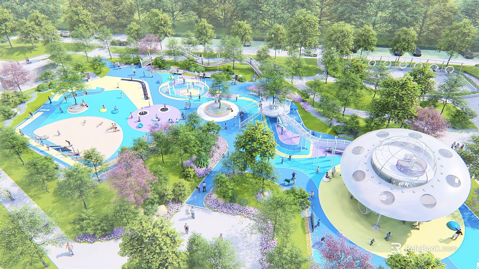 Colorful Outdoor Children's Play Area With Slides Trees And Playground Equipment 3d model 