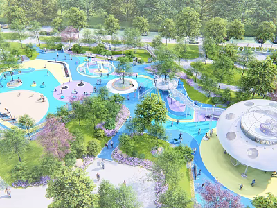 Colorful Outdoor Children's Play Area With Slides Trees And Playground Equipment 3d model