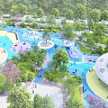 Colorful Outdoor Children's Play Area With Slides Trees And Playground Equipment
