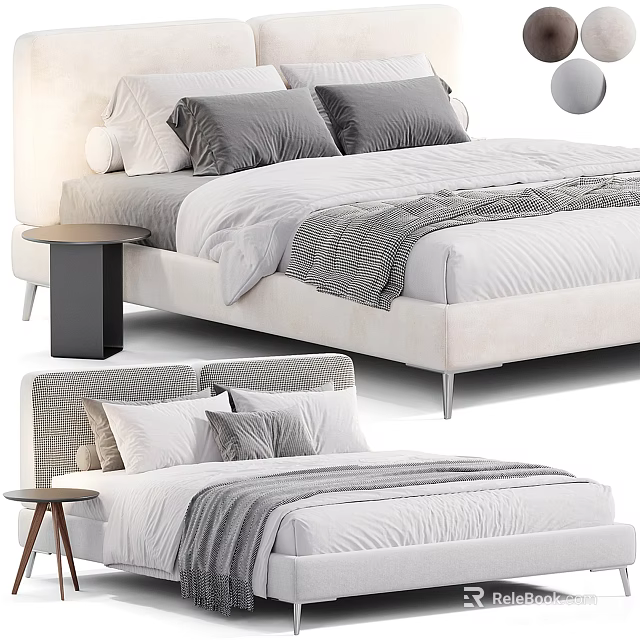 Modern Fabric Double Bed With Gray Pillows Striped Blanket And Side Table 3d model 