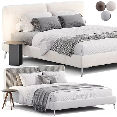 Modern Fabric Double Bed With Gray Pillows Striped Blanket And Side Table 3d model