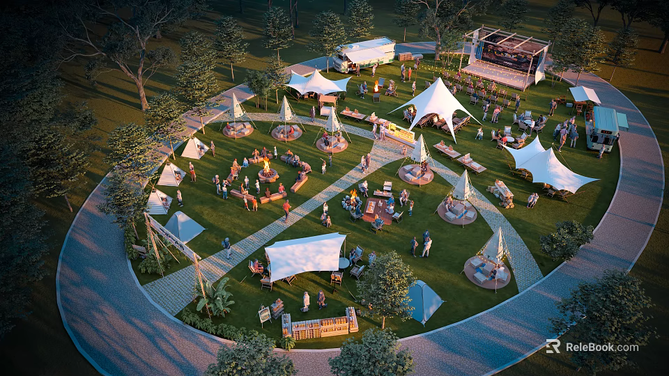 Aerial Planning of Outdoor Event Venue With Tents People Trees and Walkways 3d model 