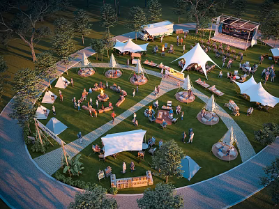 Aerial Planning of Outdoor Event Venue With Tents People Trees and Walkways 3d model