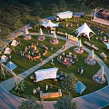 Aerial Planning of Outdoor Event Venue With Tents People Trees and Walkways