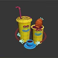 Funny Yellow Cartoon Cups With Smiling Faces Straw Fried Chicken And Small Blue Cup
