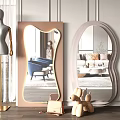 Decorative Mirrors with Unique Oval Shapes Reflecting Living Room Interior with Mannequin Handbag and Puppy