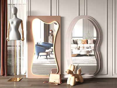 Decorative Mirrors with Unique Oval Shapes Reflecting Living Room Interior with Mannequin Handbag and Puppy 3d model