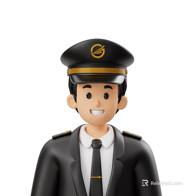 A Man In Black Uniform With White Shirt Black Tie Cap Golden Badge And Epaulettes 3d model 