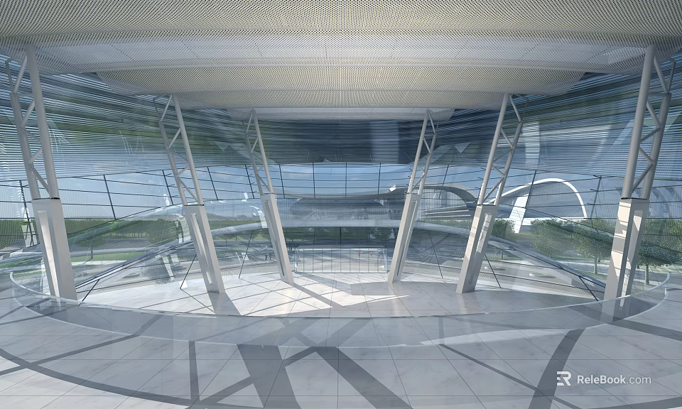 Modern Architectural Interior With Glass Curtain Walls Metal Frames And Open Space 3d model 