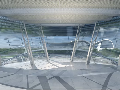 Modern Architectural Interior With Glass Curtain Walls Metal Frames And Open Space 3d model