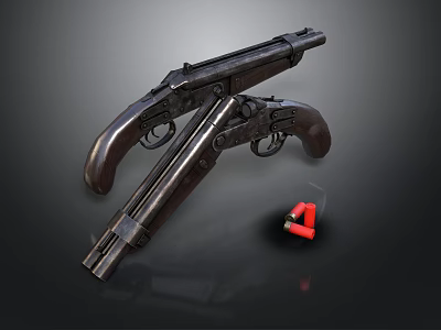Vintage Revolver Pistols With Metal Finish And Red Magazines On Dark Background 3d model