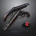 Vintage Revolver Pistols With Metal Finish And Red Magazines On Dark Background